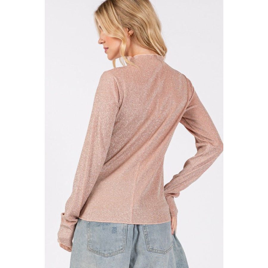 SAGE + FIG Glitter Mock Neck Lettuce Hem Long Sleeve Top Apricot / S Apparel and Accessories