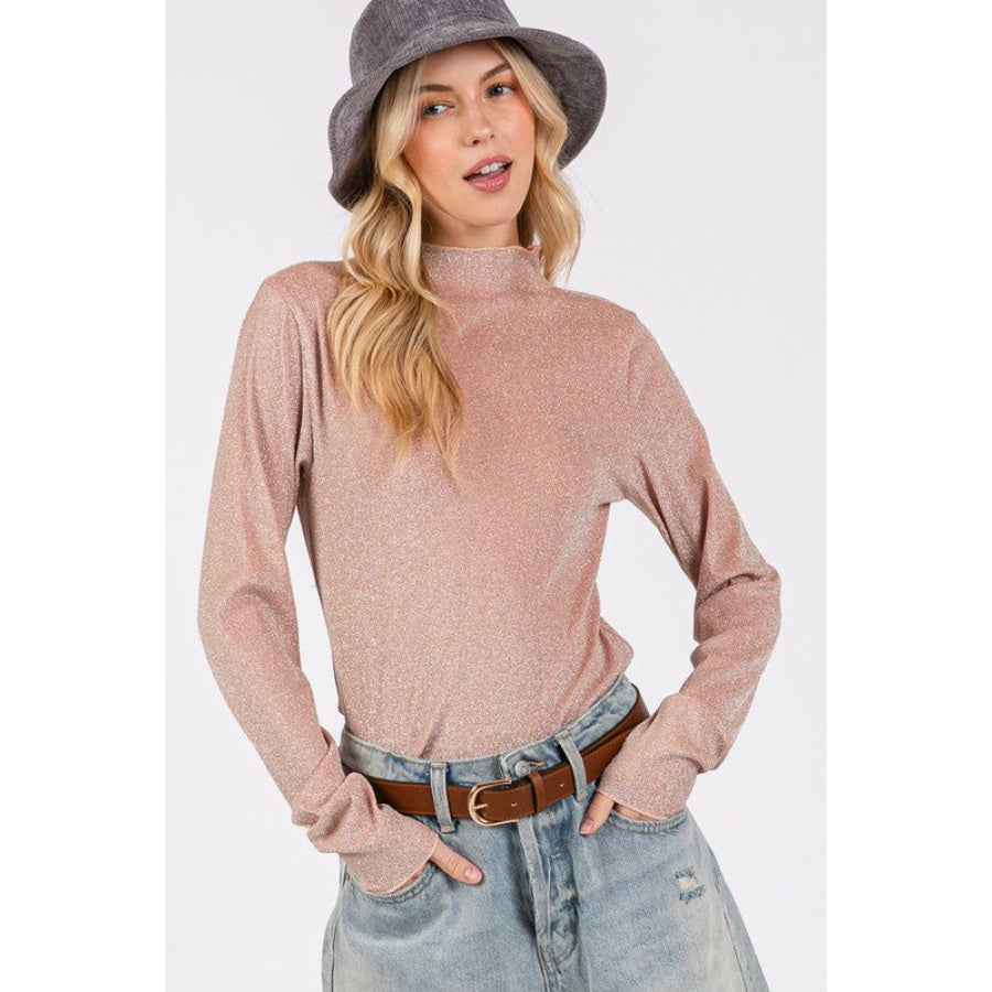 SAGE + FIG Glitter Mock Neck Lettuce Hem Long Sleeve Top Apparel and Accessories