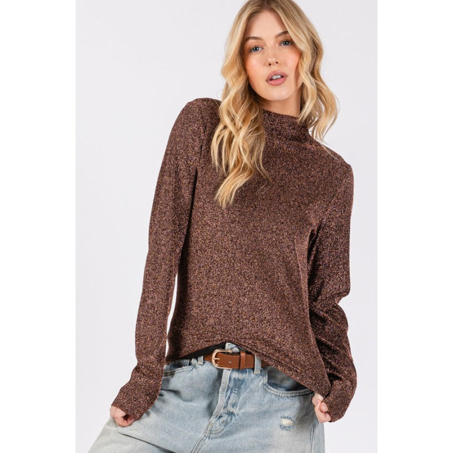 SAGE + FIG Glitter Mock Neck Lettuce Hem Long Sleeve Top Apparel and Accessories