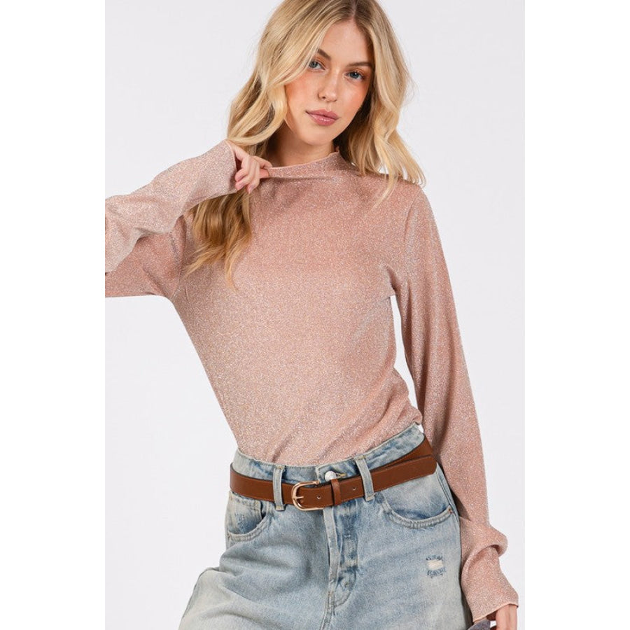 SAGE + FIG Glitter Mock Neck Lettuce Hem Long Sleeve Top Apparel and Accessories