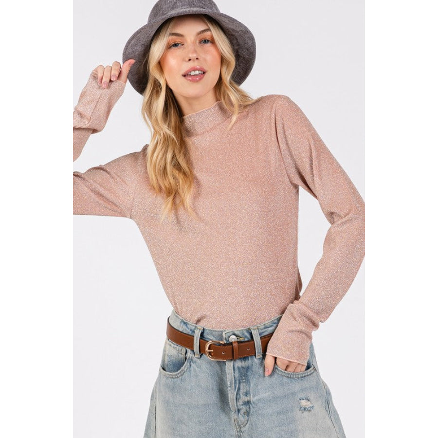 SAGE + FIG Glitter Mock Neck Lettuce Hem Long Sleeve Top Apricot / S Apparel and Accessories