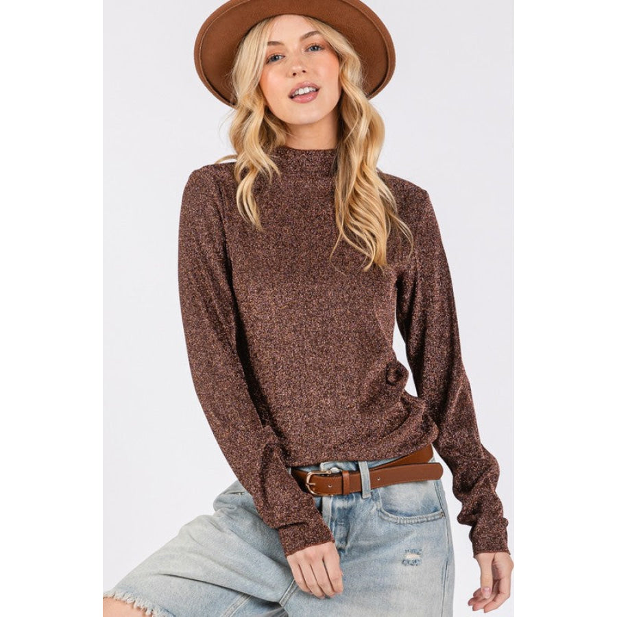 SAGE + FIG Glitter Mock Neck Lettuce Hem Long Sleeve Top Brown / S Apparel and Accessories