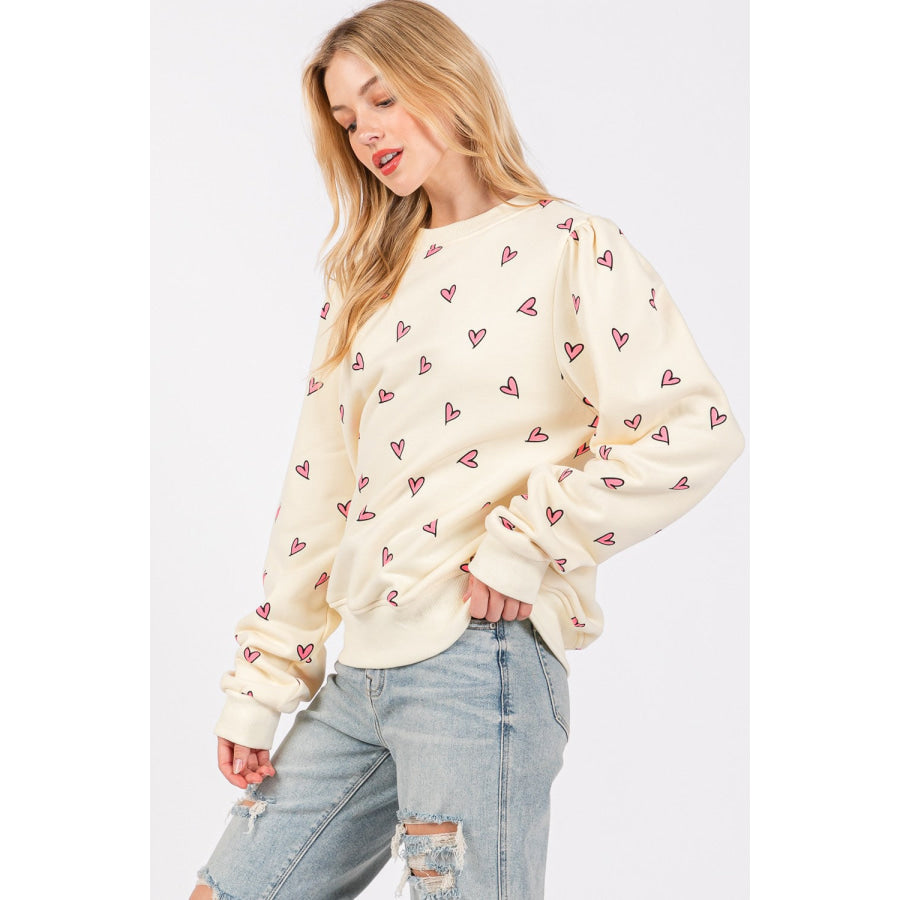 SAGE + FIG Heart Printed Contrast Long Sleeve Sweatshirt Apparel and Accessories