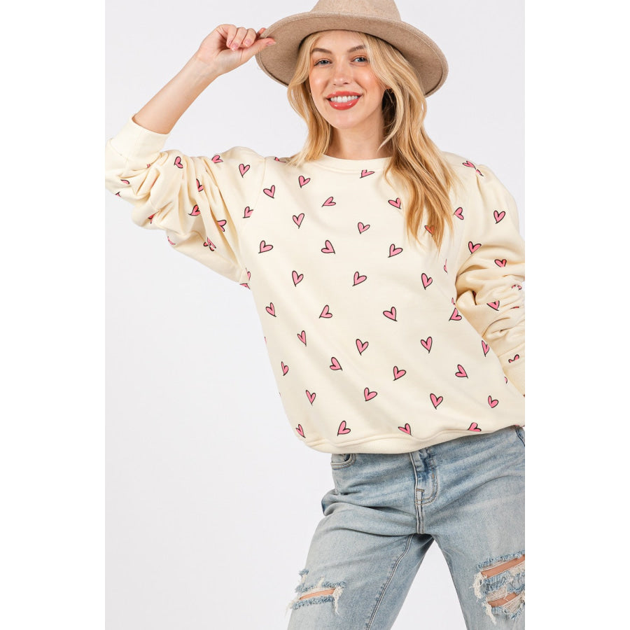 SAGE + FIG Heart Printed Contrast Long Sleeve Sweatshirt Apparel and Accessories