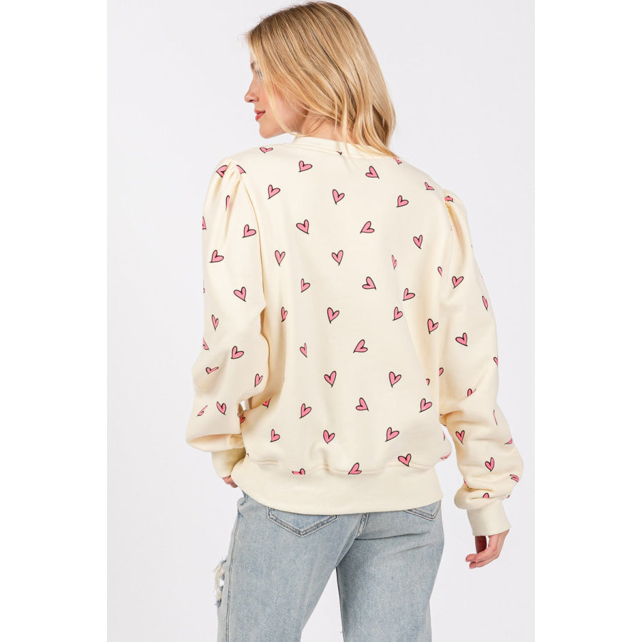 SAGE + FIG Heart Printed Contrast Long Sleeve Sweatshirt Apparel and Accessories