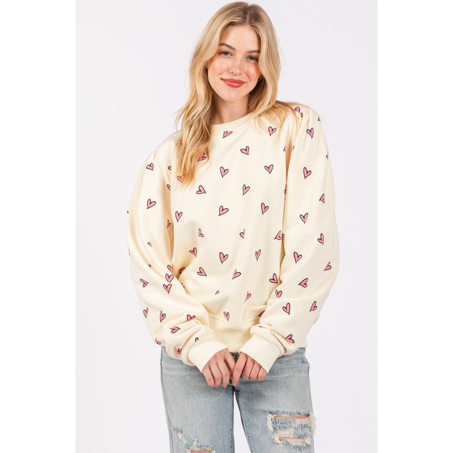 SAGE + FIG Heart Printed Contrast Long Sleeve Sweatshirt Apparel and Accessories