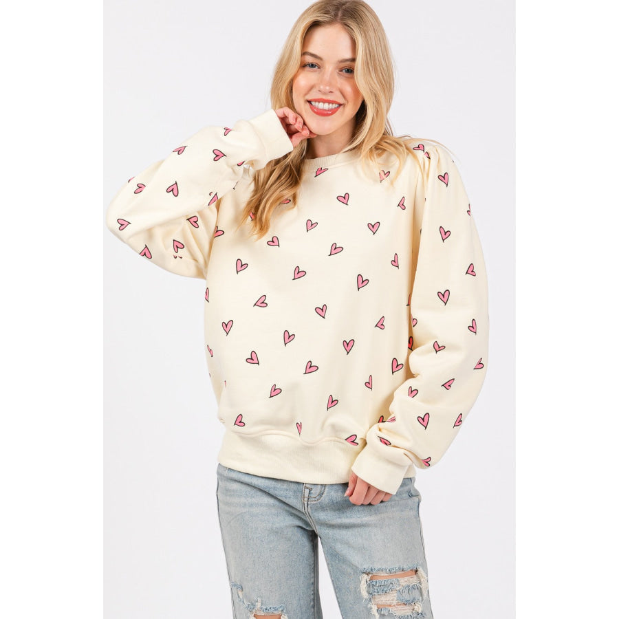 SAGE + FIG Heart Printed Contrast Long Sleeve Sweatshirt Apparel and Accessories