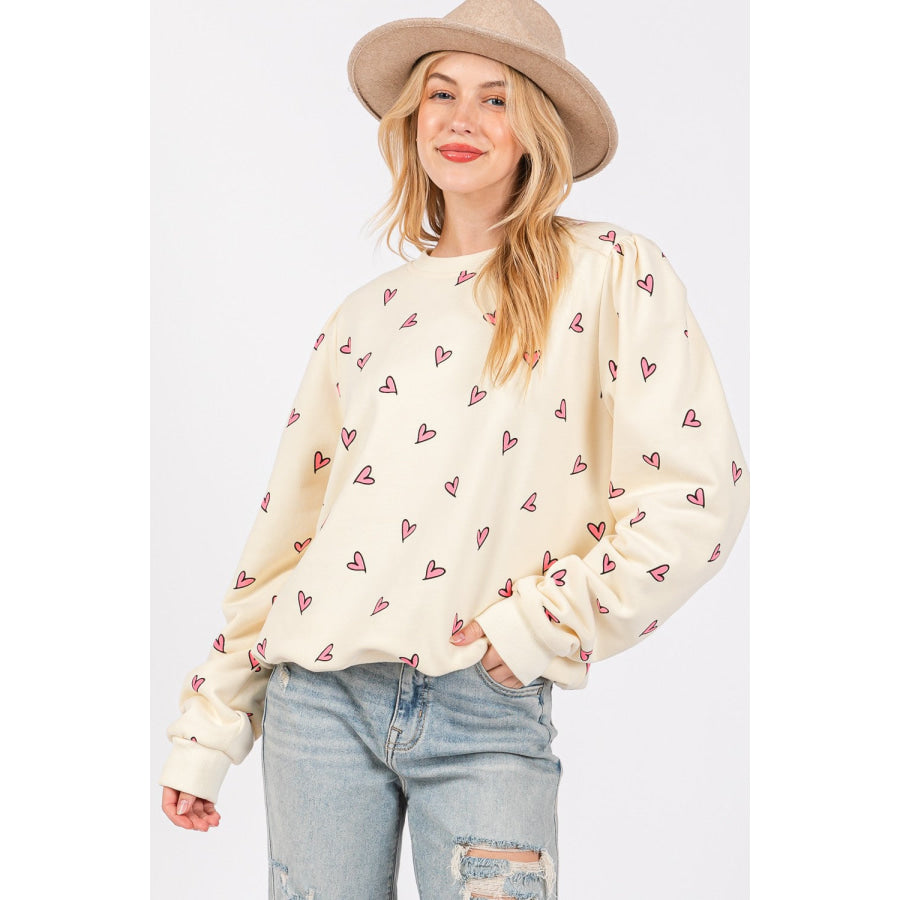 SAGE + FIG Heart Printed Contrast Long Sleeve Sweatshirt Cream / S Apparel and Accessories