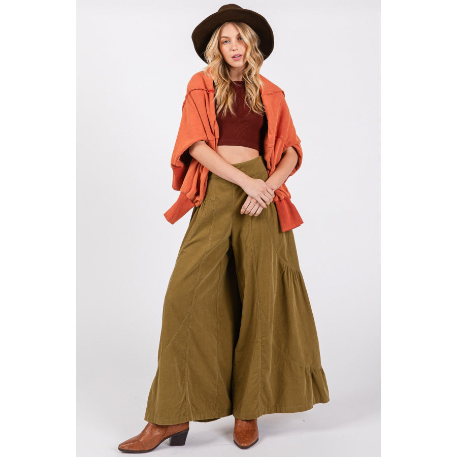 SAGE + FIG High Rise Corduroy Wide Leg Pants Olive Green / S Apparel and Accessories