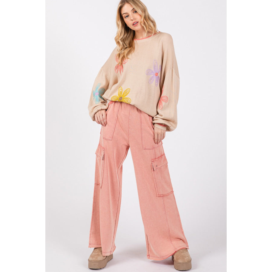 SAGE + FIG Knit Terry Mineral Wash Wide Leg Pants Rose / S Apparel and Accessories