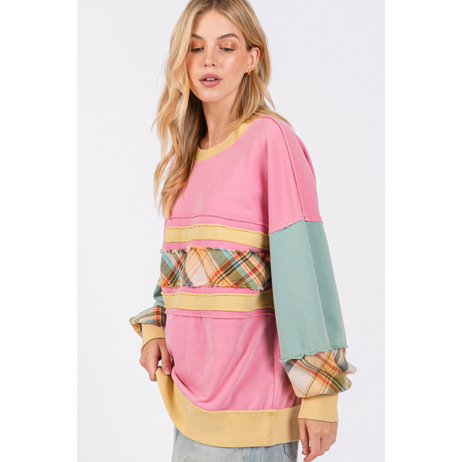 SAGE + FIG Mineral Wash Raw Edge Color Block Sweatshirt Apparel and Accessories
