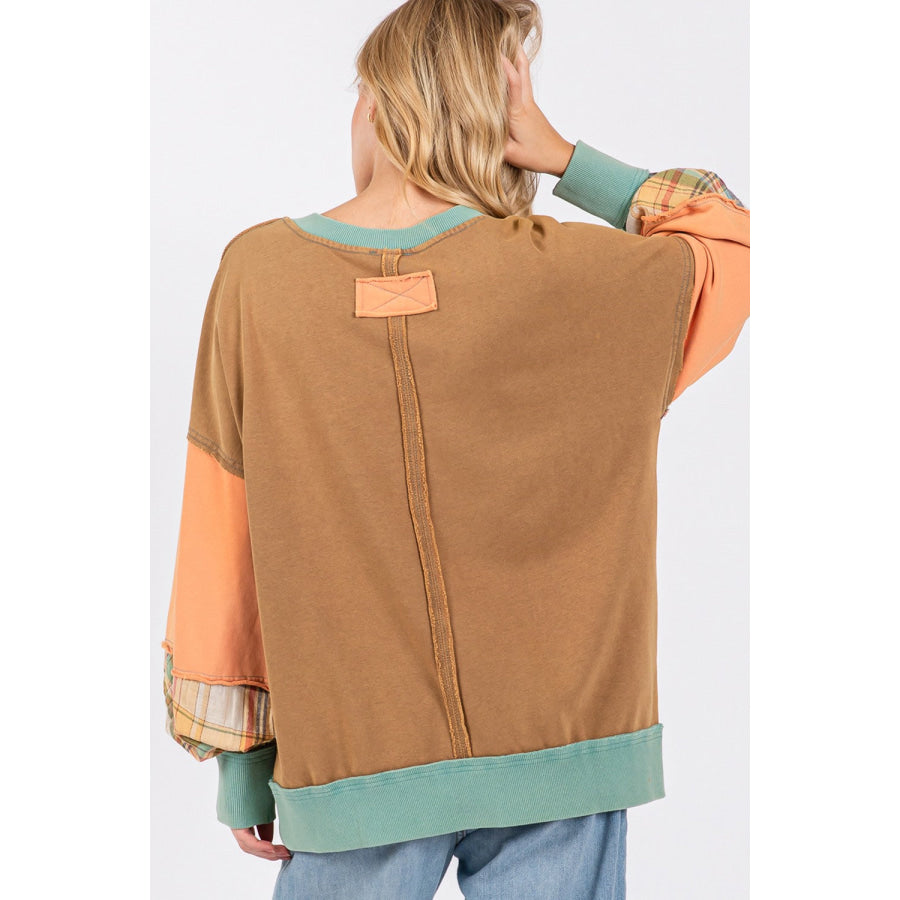SAGE + FIG Mineral Wash Raw Edge Color Block Sweatshirt Hazelnut / S Apparel and Accessories