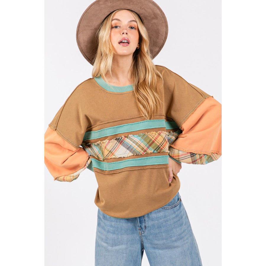 SAGE + FIG Mineral Wash Raw Edge Color Block Sweatshirt Apparel and Accessories