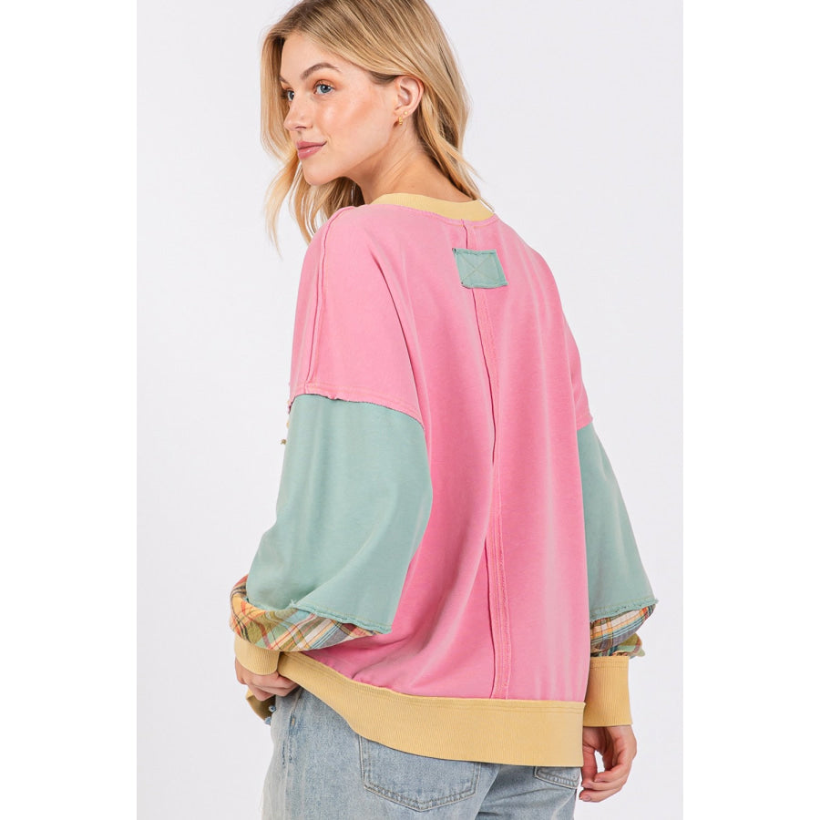 SAGE + FIG Mineral Wash Raw Edge Color Block Sweatshirt Barbie Pink / S Apparel and Accessories
