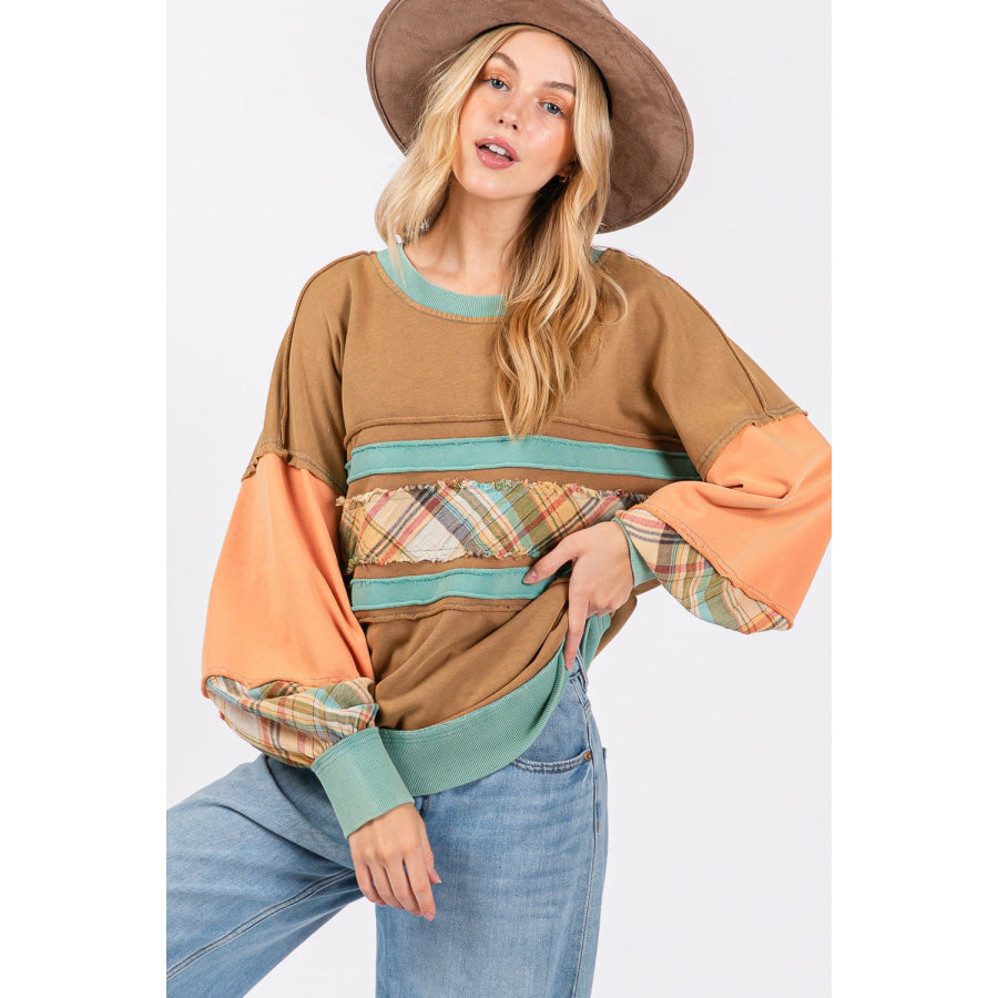 SAGE + FIG Mineral Wash Raw Edge Color Block Sweatshirt Apparel and Accessories