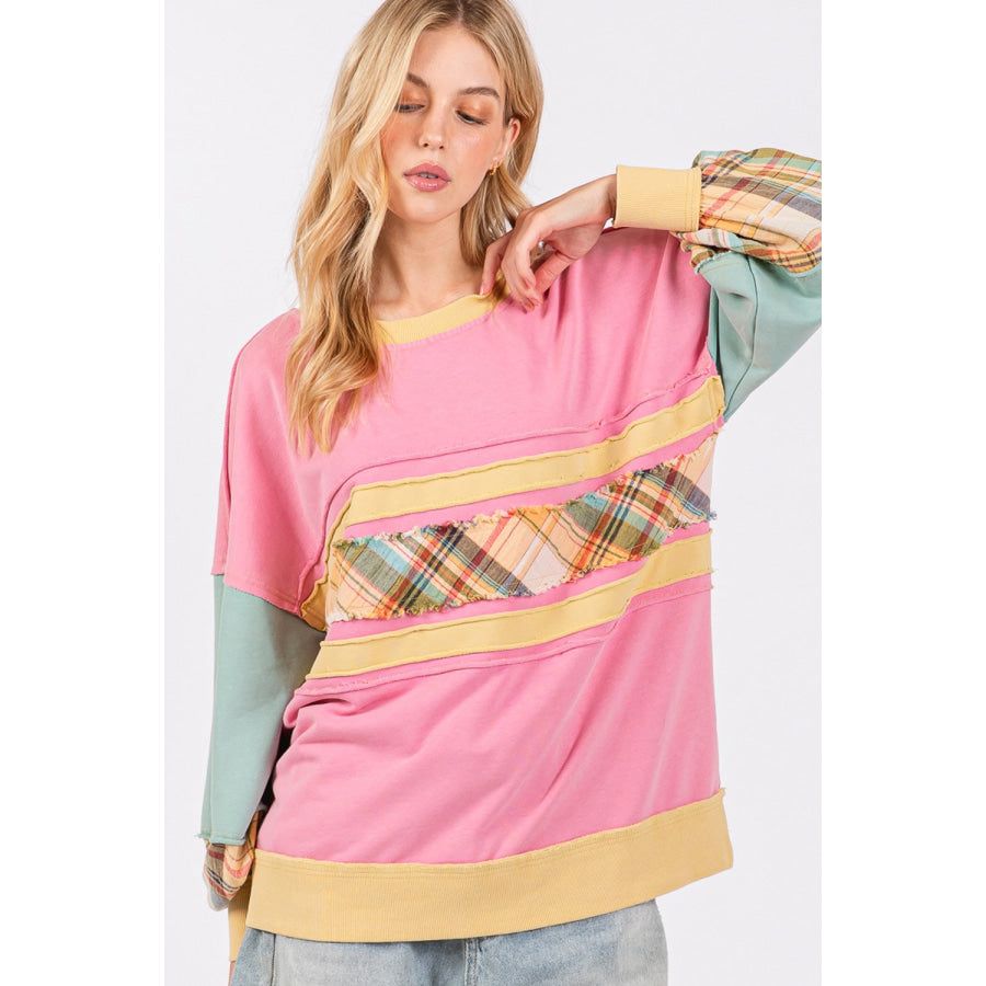 SAGE + FIG Mineral Wash Raw Edge Color Block Sweatshirt Apparel and Accessories