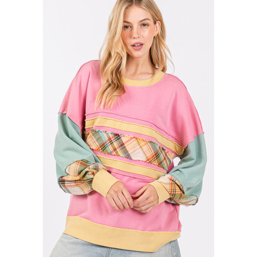 SAGE + FIG Mineral Wash Raw Edge Color Block Sweatshirt Apparel and Accessories