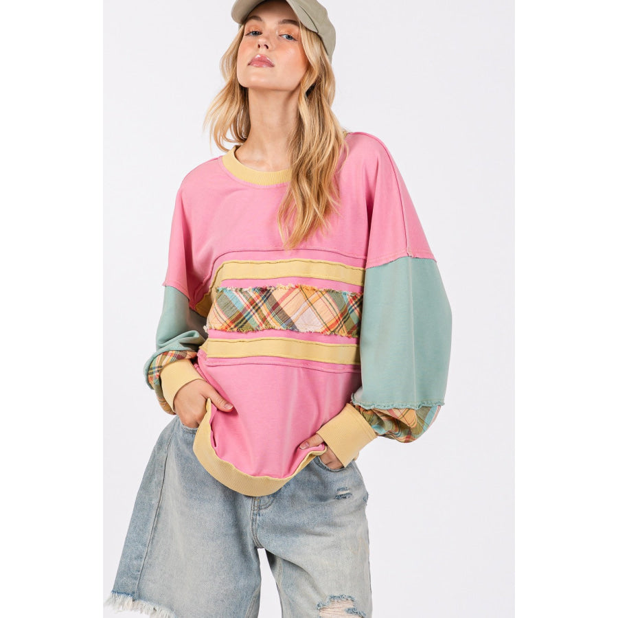 SAGE + FIG Mineral Wash Raw Edge Color Block Sweatshirt Apparel and Accessories