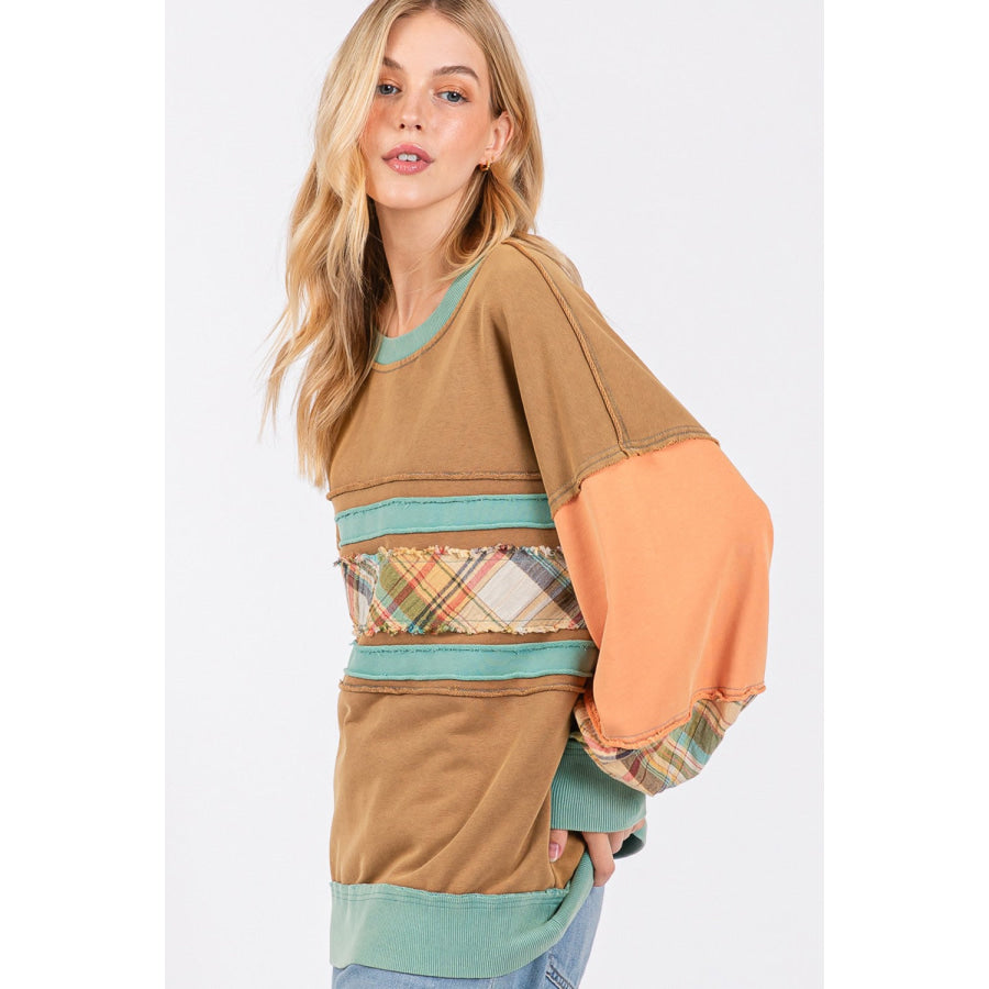 SAGE + FIG Mineral Wash Raw Edge Color Block Sweatshirt Apparel and Accessories