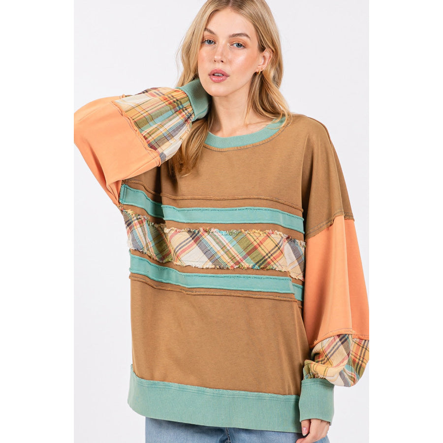SAGE + FIG Mineral Wash Raw Edge Color Block Sweatshirt Apparel and Accessories