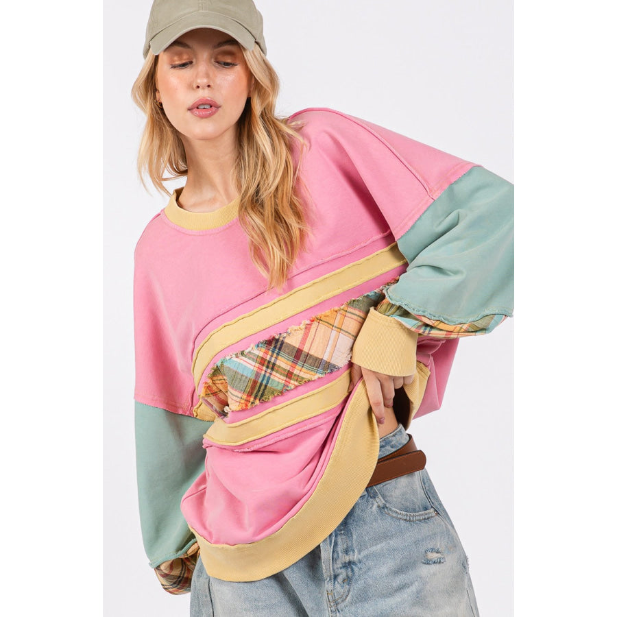 SAGE + FIG Mineral Wash Raw Edge Color Block Sweatshirt Barbie Pink / S Apparel and Accessories