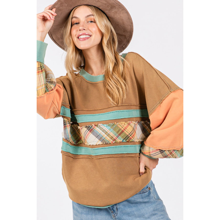 SAGE + FIG Mineral Wash Raw Edge Color Block Sweatshirt Hazelnut / S Apparel and Accessories