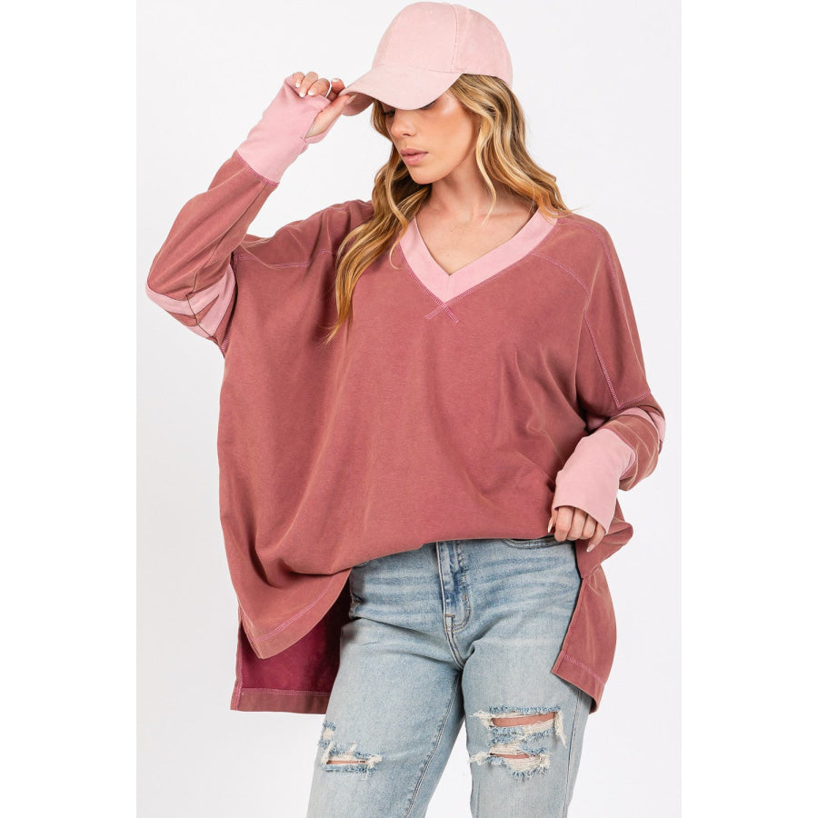 SAGE + FIG Mineral Wash Side Slit Contrast T-Shirt Apparel and Accessories