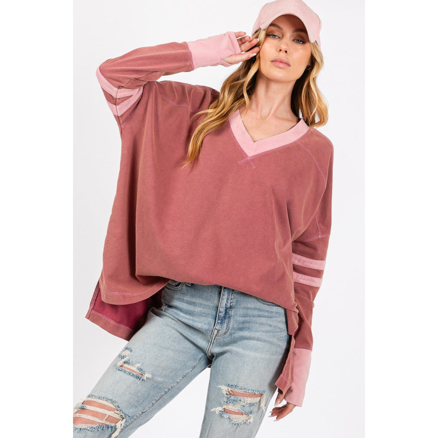 SAGE + FIG Mineral Wash Side Slit Contrast T-Shirt Mulberry / S Apparel and Accessories