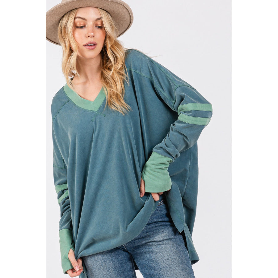 SAGE + FIG Mineral Wash Side Slit Contrast Top Apparel and Accessories