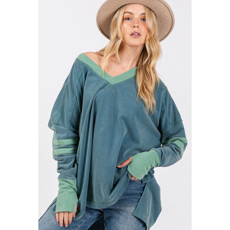 SAGE + FIG Mineral Wash Side Slit Contrast Top Teal / S Apparel and Accessories