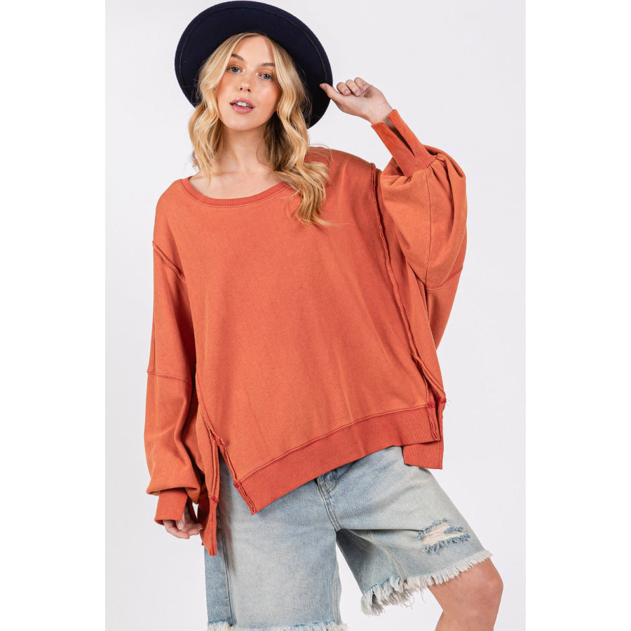 SAGE + FIG Mineral Wash Side Slit Oversized Sweatshirt Amber / S Apparel and Accessories