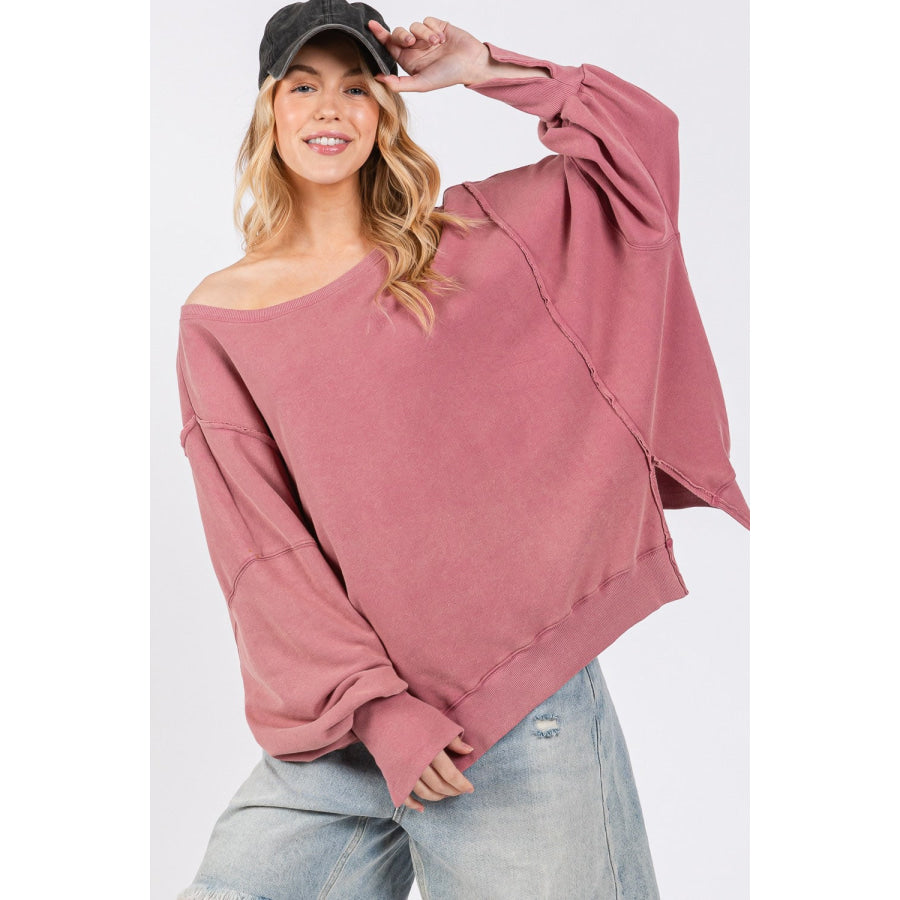 SAGE + FIG Mineral Wash Side Slit Oversized Sweatshirt Apparel and Accessories