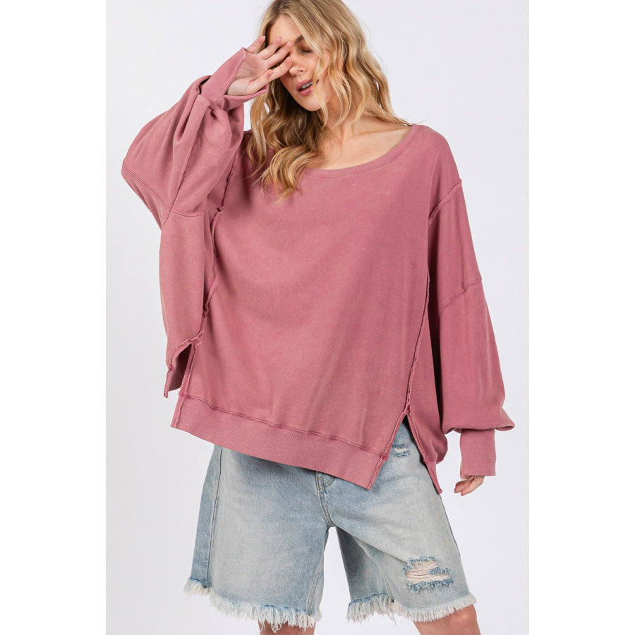 SAGE + FIG Mineral Wash Side Slit Oversized Sweatshirt Apparel and Accessories