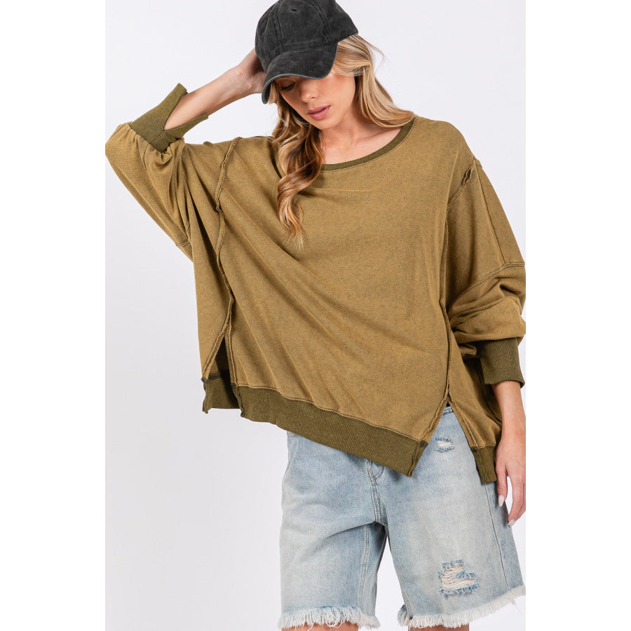 SAGE + FIG Mineral Wash Side Slit Oversized Sweatshirt Apparel and Accessories