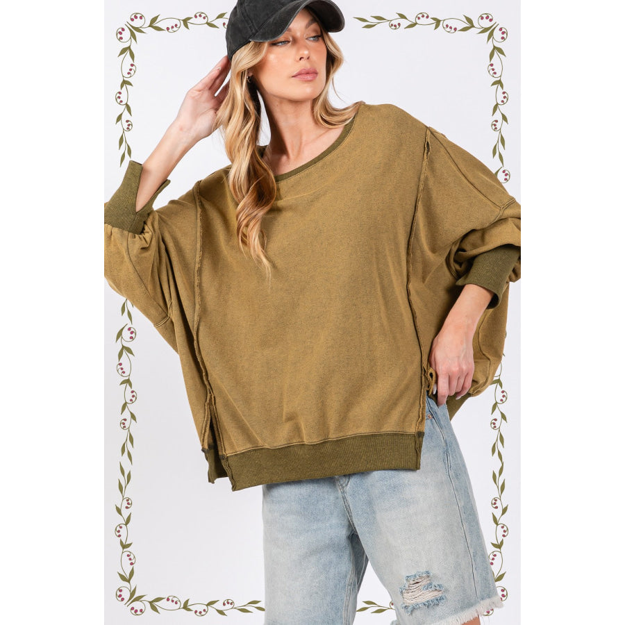 SAGE + FIG Mineral Wash Side Slit Oversized Sweatshirt Apparel and Accessories