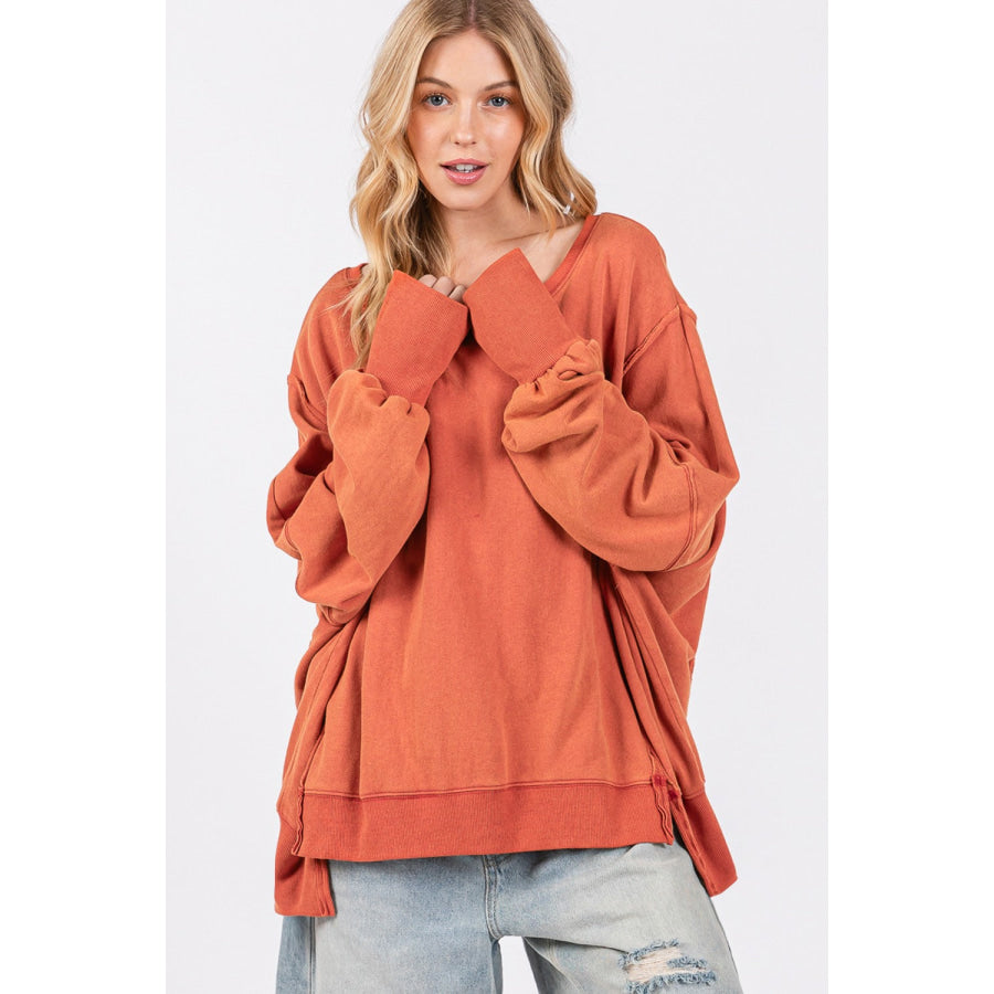 SAGE + FIG Mineral Wash Side Slit Oversized Sweatshirt Apparel and Accessories