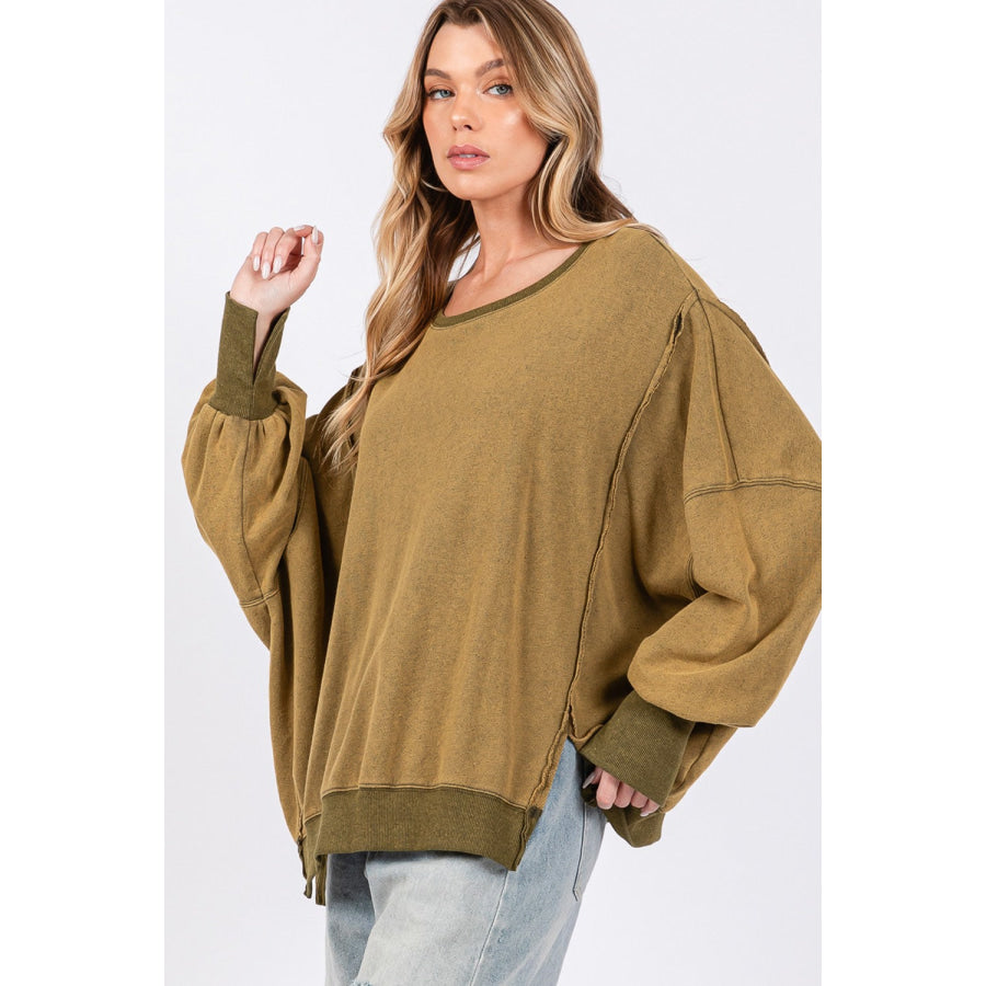 SAGE + FIG Mineral Wash Side Slit Oversized Sweatshirt Apparel and Accessories