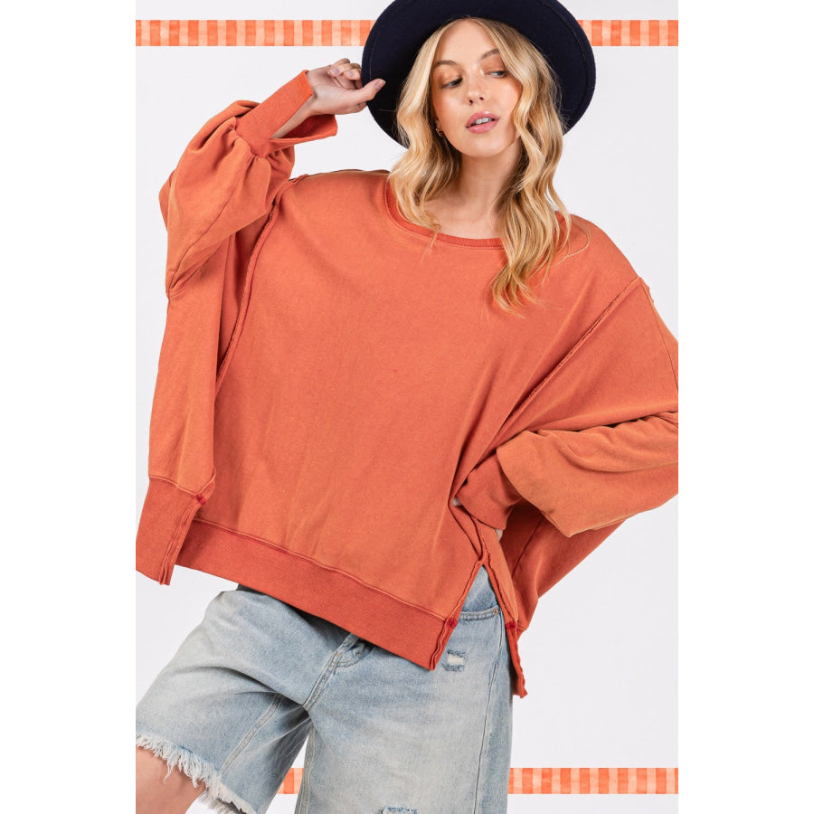 SAGE + FIG Mineral Wash Side Slit Oversized Sweatshirt Apparel and Accessories