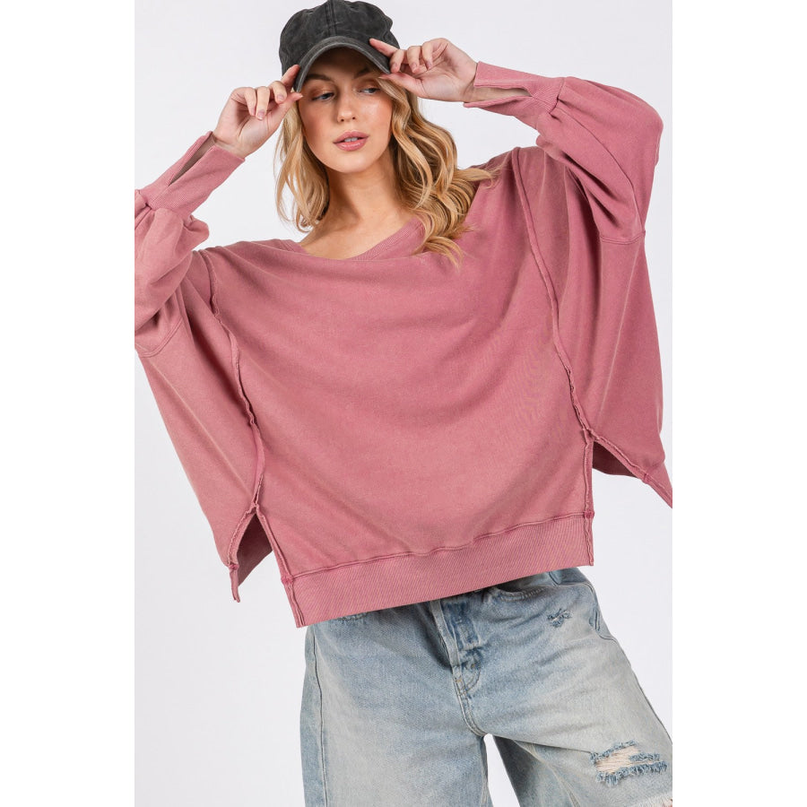 SAGE + FIG Mineral Wash Side Slit Oversized Sweatshirt Apparel and Accessories