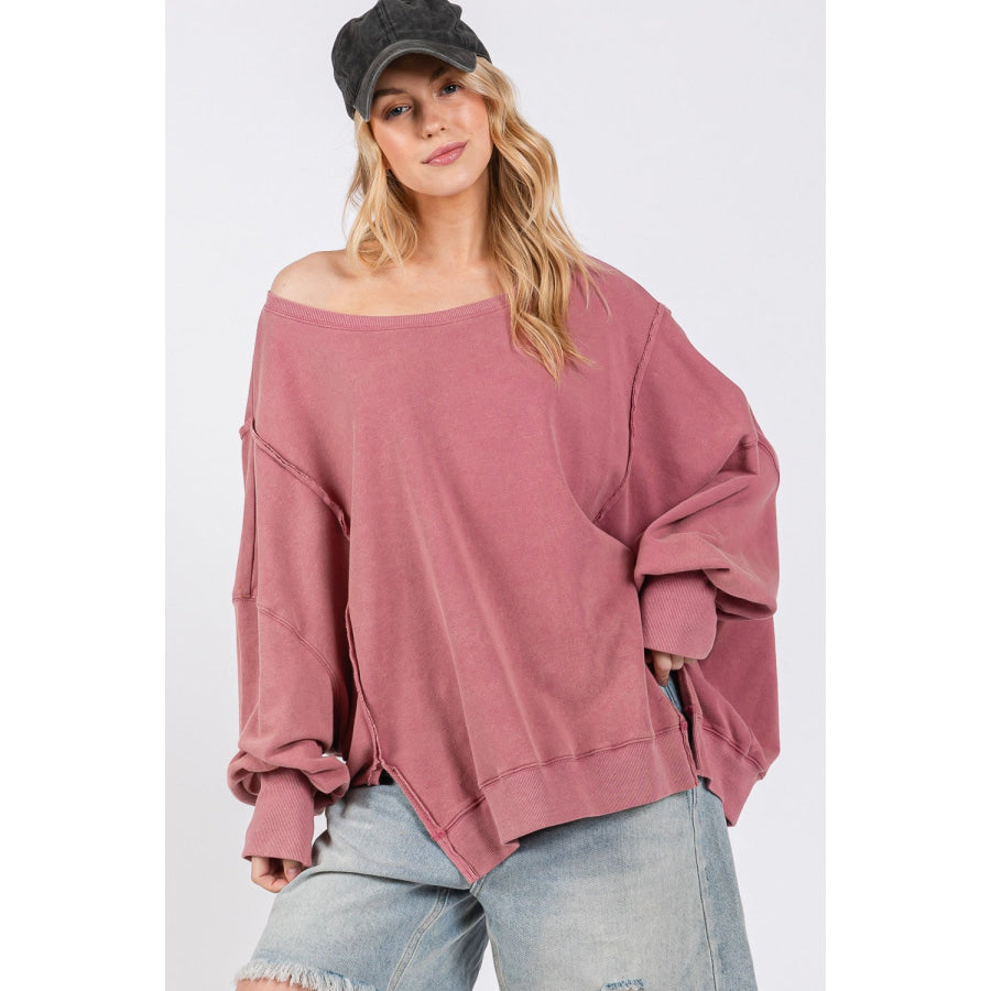 SAGE + FIG Mineral Wash Side Slit Oversized Sweatshirt Mulberry / S Apparel and Accessories