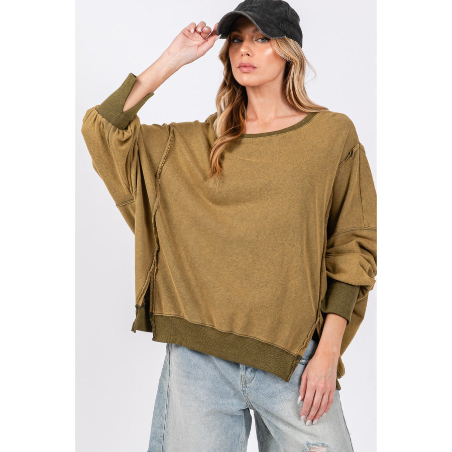 SAGE + FIG Mineral Wash Side Slit Oversized Sweatshirt Olive / S Apparel and Accessories