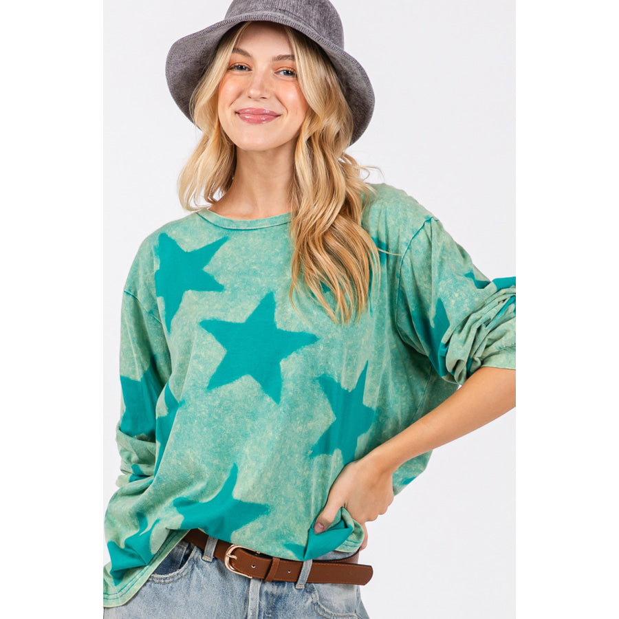 SAGE + FIG Mineral Wash Star Pattern T-Shirt Turquoise / S Apparel and Accessories