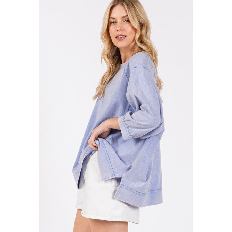 SAGE + FIG Mineral Washed Side Slit Round Neck Sweatshirt Blue Purple / S Apparel and Accessories