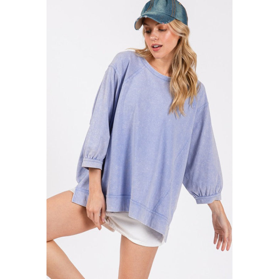 SAGE + FIG Mineral Washed Side Slit Round Neck Sweatshirt Blue Purple / S Apparel and Accessories