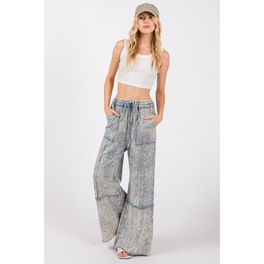 SAGE + FIG Mineral Washed Terry Wide Leg Pants Apparel and Accessories