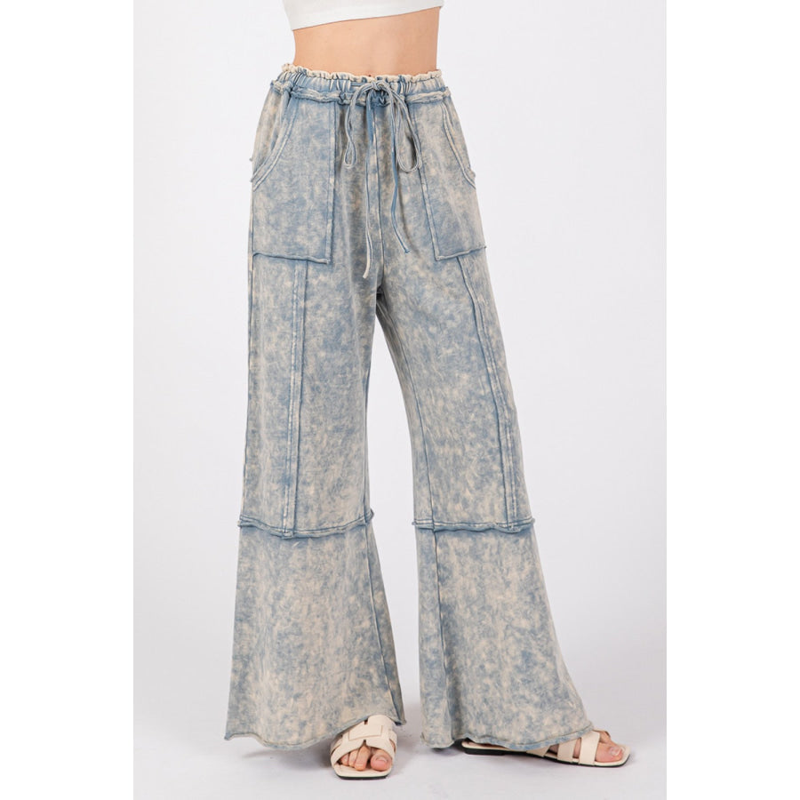 SAGE + FIG Mineral Washed Terry Wide Leg Pants Slate Blue / S Apparel and Accessories