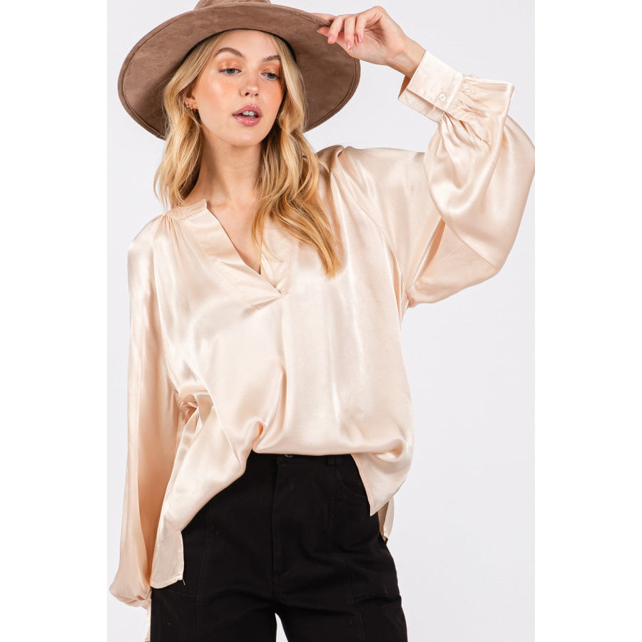 SAGE + FIG Notched Long Sleeve Blouse Apparel and Accessories