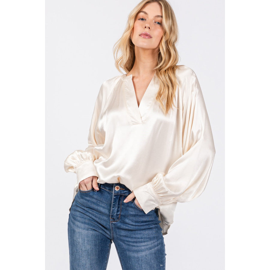 SAGE + FIG Notched Long Sleeve Blouse Apparel and Accessories