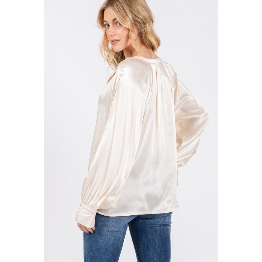 SAGE + FIG Notched Long Sleeve Blouse Ivory / S Apparel and Accessories