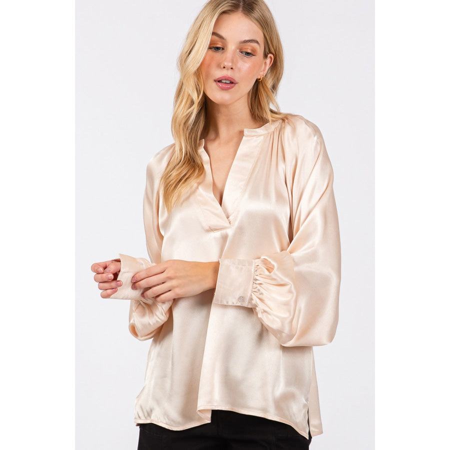 SAGE + FIG Notched Long Sleeve Blouse Apparel and Accessories